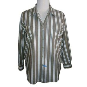 DENIM CO Womens 1X Stripe Stretch Big Shirt Top Long Sleeve Button Green A45405